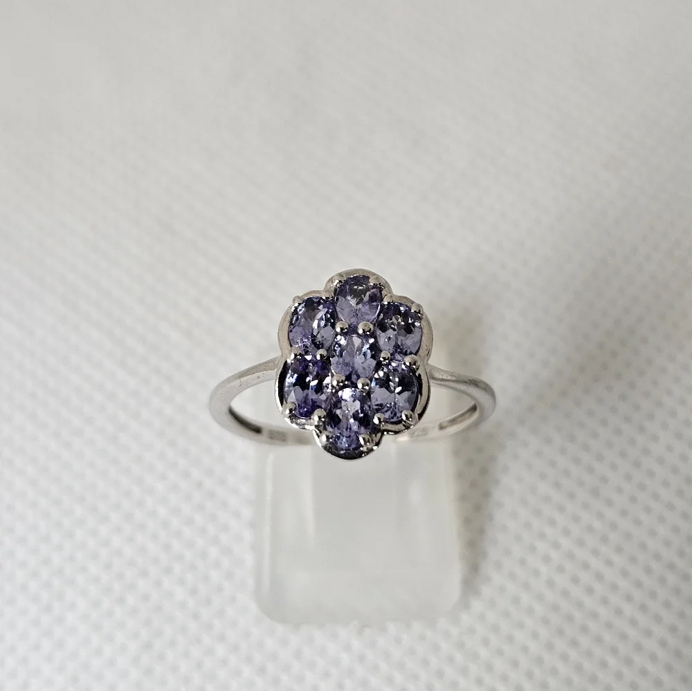 Dainty Natural Tanzanite Ring Sterling Silver Platinum Finish. Size 8!